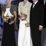 Princess Caroline of Hanover, Princess Charlene and Prince Albert II of Monaco arrive for the annual Rose Ball at the Monte-Carlo Sporting Club in Monte Carlo